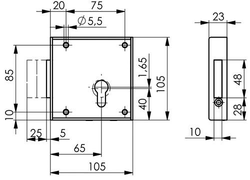 AMF Gittertor-Riegelschloss 100 DIN re.PZ aufliegend 65mm AMF