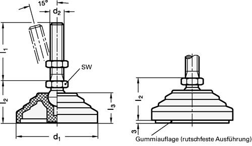 GANTER Kunststoff-Gelenkfuß GN 344 d1 60 mm,d2 M 10mm l1 98mm l3 24mm GANTER