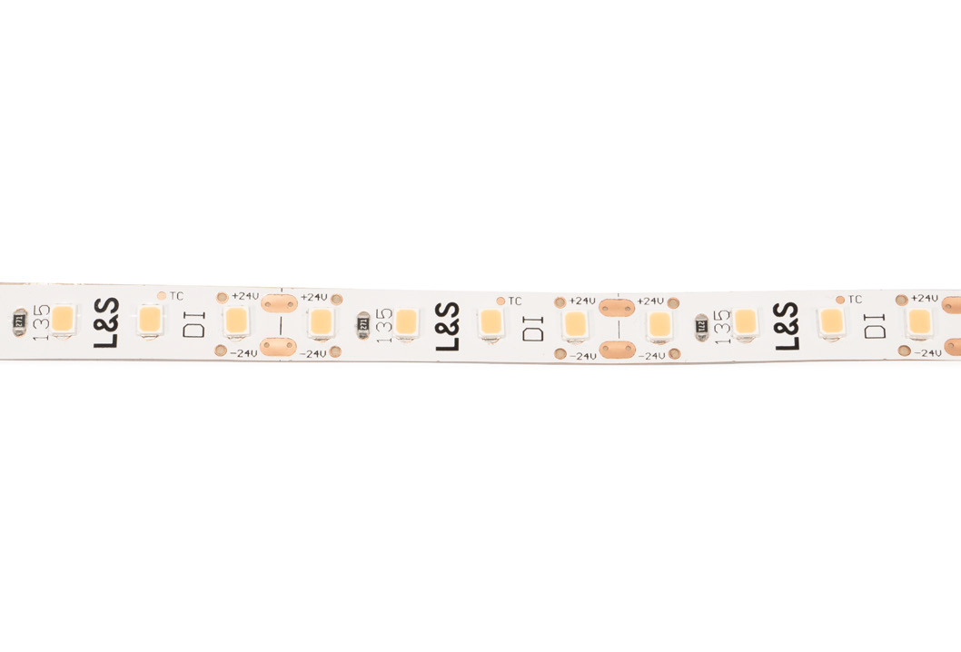 L&S LED-Band HE 112LEDs/m (2835), 2700K, 4LEDs/35,7mm, 24DC, 6,3W/m, 8mmx321mm, 1x Anschlussltg. 300mm, white PCB, IP20