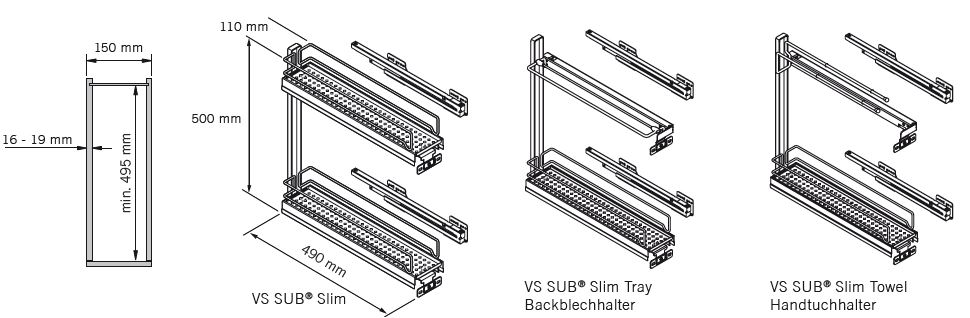 Schmaler Seitenwandauszug SUB-Slim, Ablageset, 2x 150er, chrom Vauth Sagel