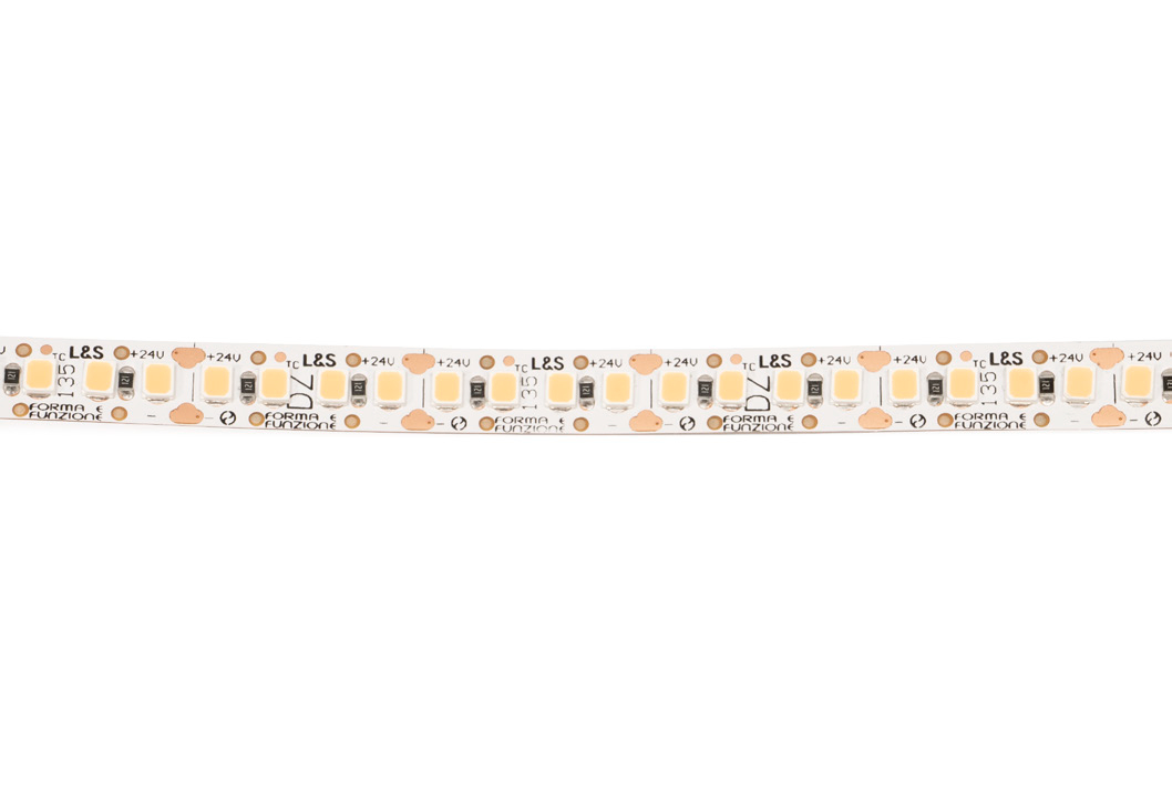 L&S LED-Band HE 200LEDs/m (2835), 2700K, 4 LEDs/20mm, 24DC, 11,5W/m, 8mmx5m, 2x Anschlussltg. 2000mm, white PCB, IP20