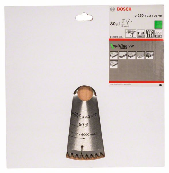 BOSCH Kreissägeblatt Optiline Wood für Tischkreissägen, 250 x 30 x 3,2 mm, 80