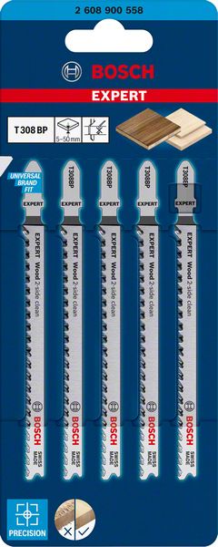 BOSCH EXPERT ‘Wood 2-side clean’ T 308 BP Stichsägeblatt, 5 Stück. Für Stichsägen