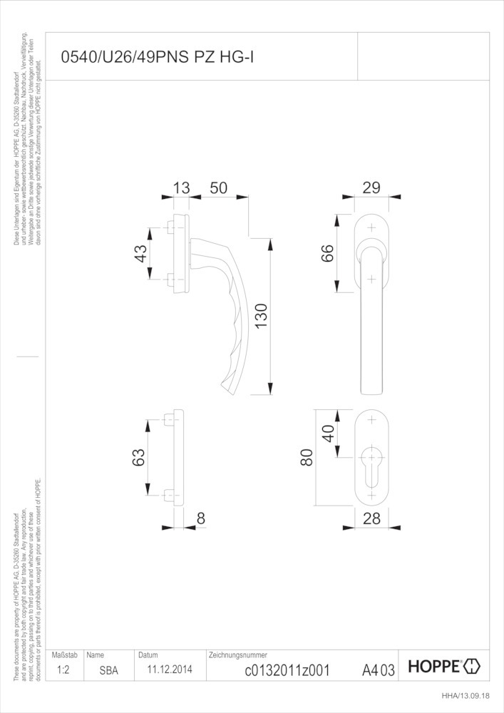 HOPPE® Fenstertürgriffgarnitur Liège 0540/U26/49PNS, Aluminium, 11739065