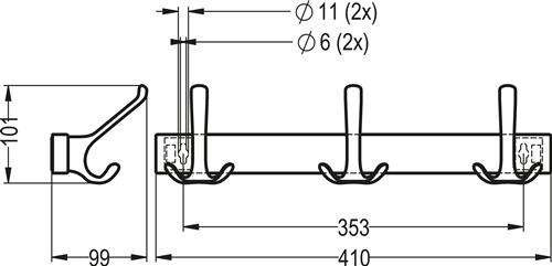 HERMETA Huthakenleiste 0822-0823 3 Hak.A.96mm LM silberf.elox.H.102mm HERMETA