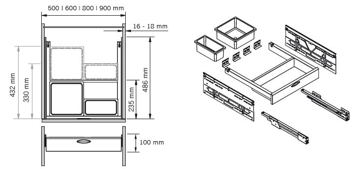 Siphonauszug/Orga.schublade, ENVI-Drawer, 800er, 2x1,2/2x2,7 l, lavagrau Vauth Sagel