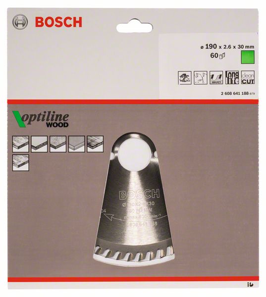 BOSCH Kreissägeblatt Optiline Wood für Handkreissägen, 190 x 30 x 2,6 mm, 60