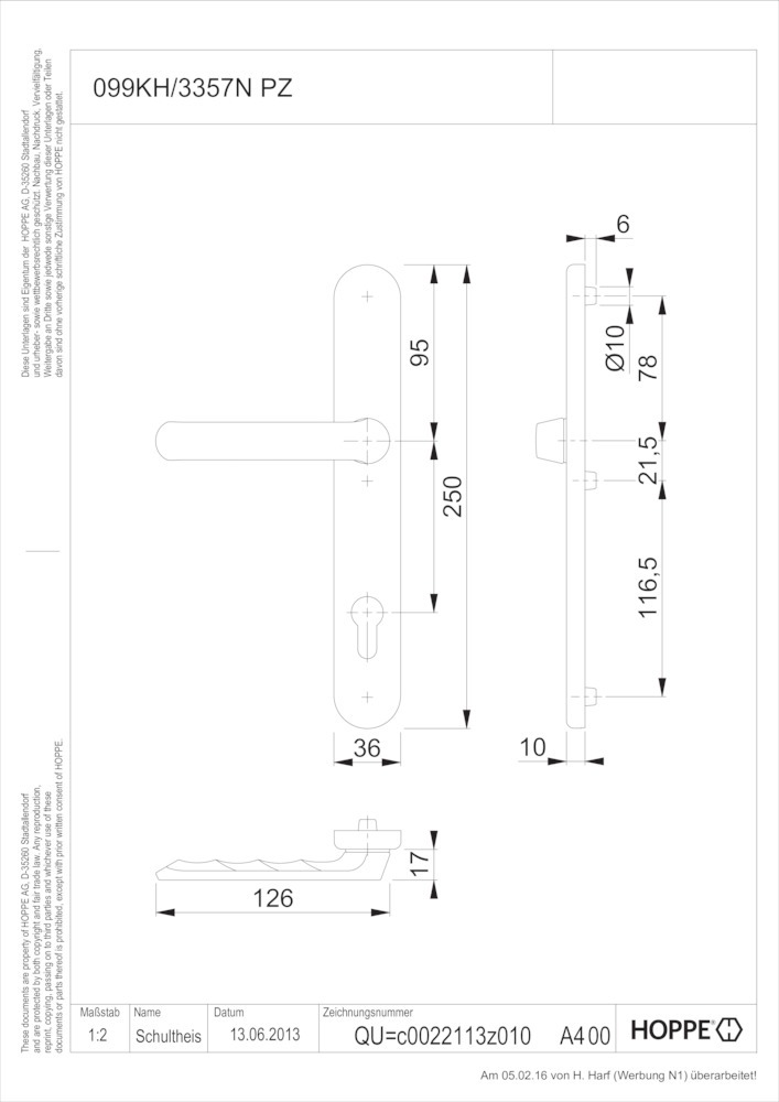 HOPPE® Drücker-Halbgarnitur mit Schmalschild Luxembourg 099KH/3357N, Aluminium, 8210130