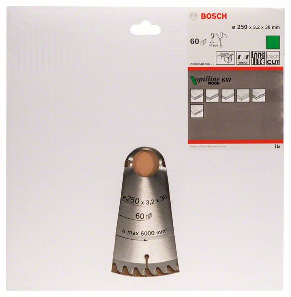 BOSCH Kreissägeblatt Optiline Wood für Tischkreissägen, 250 x 30 x 3,2 mm, 60