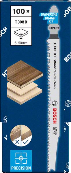 BOSCH EXPERT ‘Wood 2-side clean’ T 308 B Stichsägeblatt, 100 Stück. Für Stichsägen