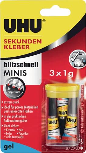 UHU Sekundenkleber blitzschnell MINIS Gel 3x 1g farblos Tube UHU