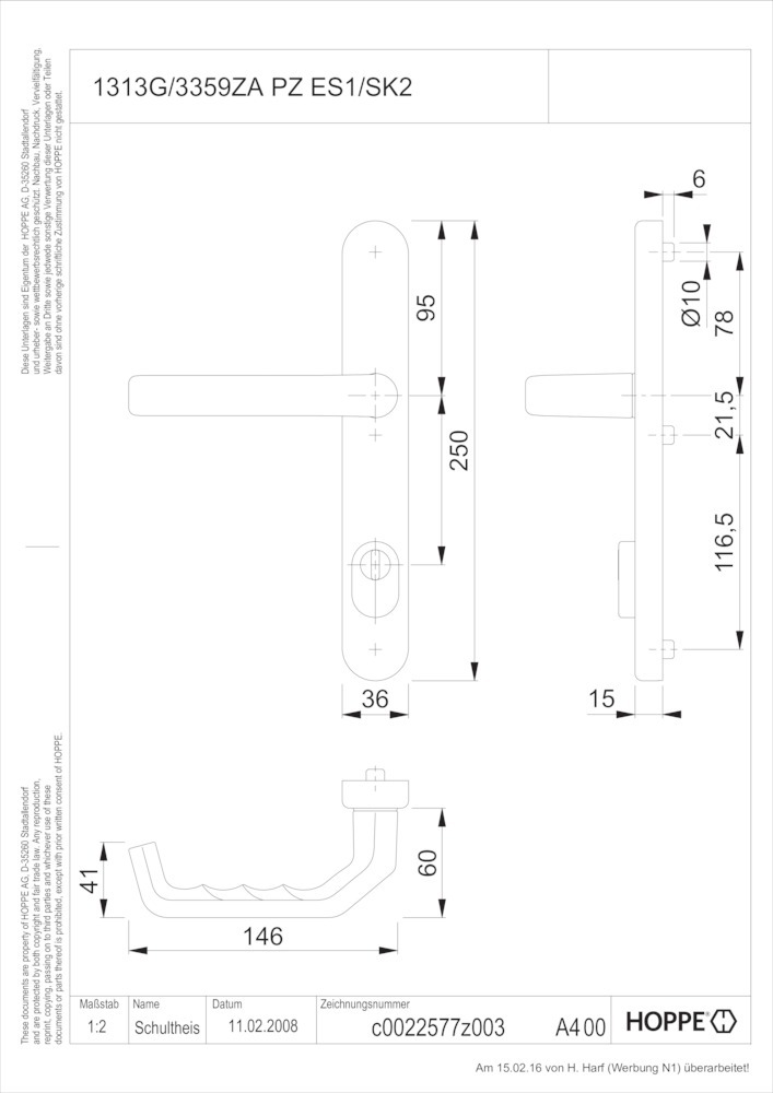 HOPPE® Schutz-Drücker-Halbgarnitur mit Langschild Liverpool 1313G/3359ZA, Aluminium, 3340211