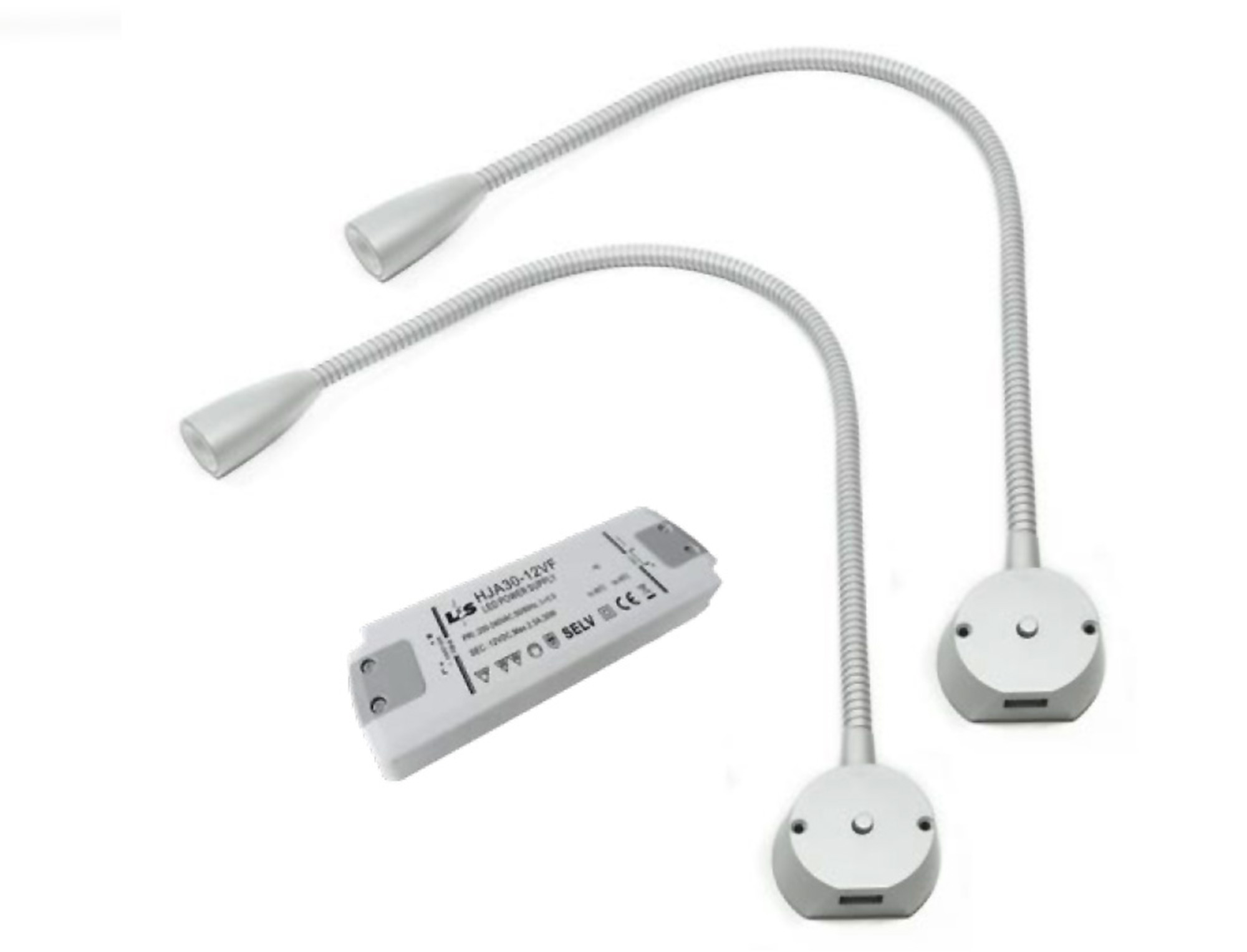 L&S 2er Set Bettanbauleuchte BU1 mit USB Charger und Steckernetzteil 12VDC 2x 1,2W, WW, silber