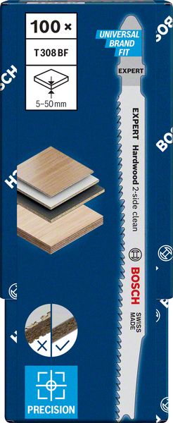 BOSCH EXPERT ‘Hardwood 2-side clean’ T 308 BF Stichsägeblatt, 100 Stück. Für Stichsägen