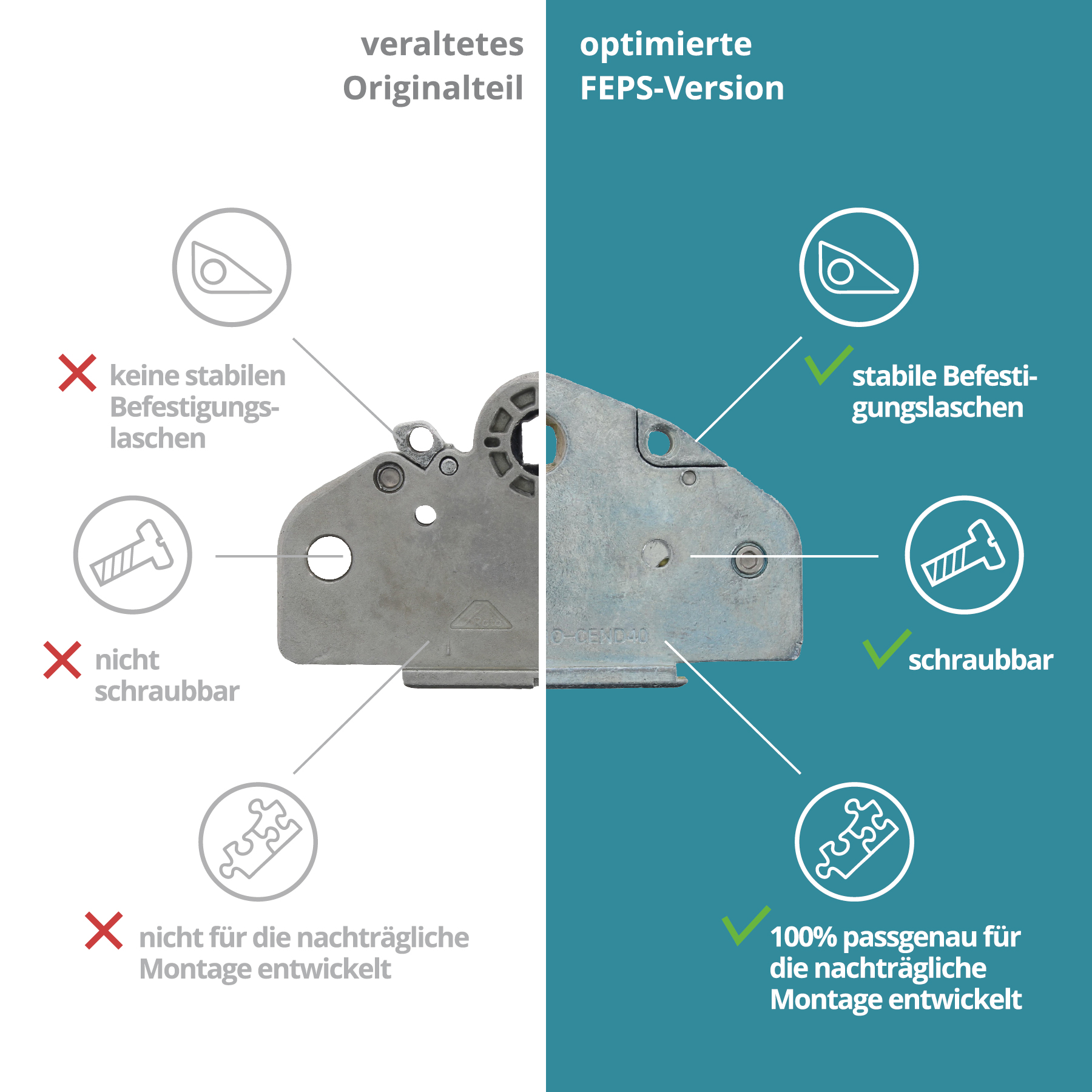 FEPS Gear Getriebegehäuse RO-CEND40 inkl. Zahnrad als Ersatz für Fenstergetriebe der Marke Roto Serie Centro D40 silber