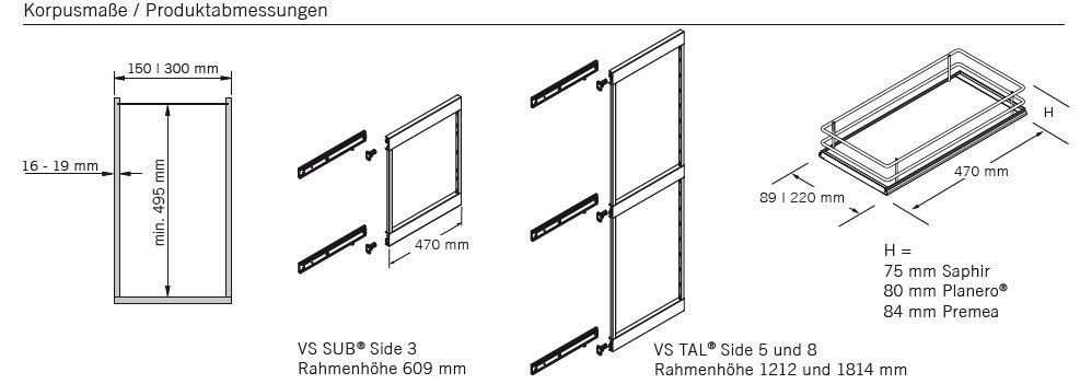 Seitenwandauszug SUB-Side 3, Rahmen für 2 Körbe, 609/619 mm Einbauhöhe, silber Vauth Sagel