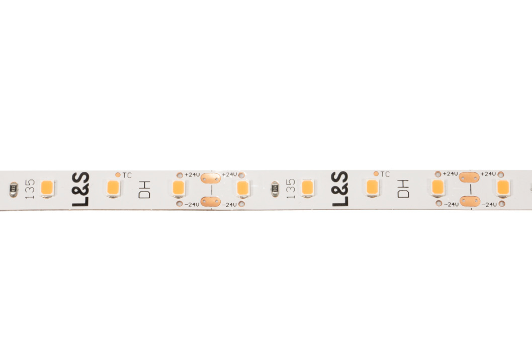 L&S LED-Band HE 80LEDs/m (2835), 3000K, 4 LEDs/50mm, 24DC, 4,3W/m, 8mmx5m, 2x Anschlussltg. 2000mm, white PCB, IP20